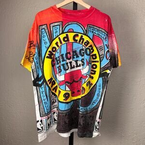 Chicago Bulls 1992 Magic Johnson AOP Back To Back Champions Large Tee